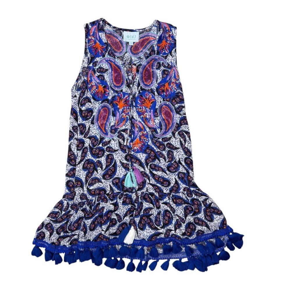 Taj by Sabrina Crippa Boho Chic Tassel-trim Paisley Mini Dress Small - Picture 2 of 7